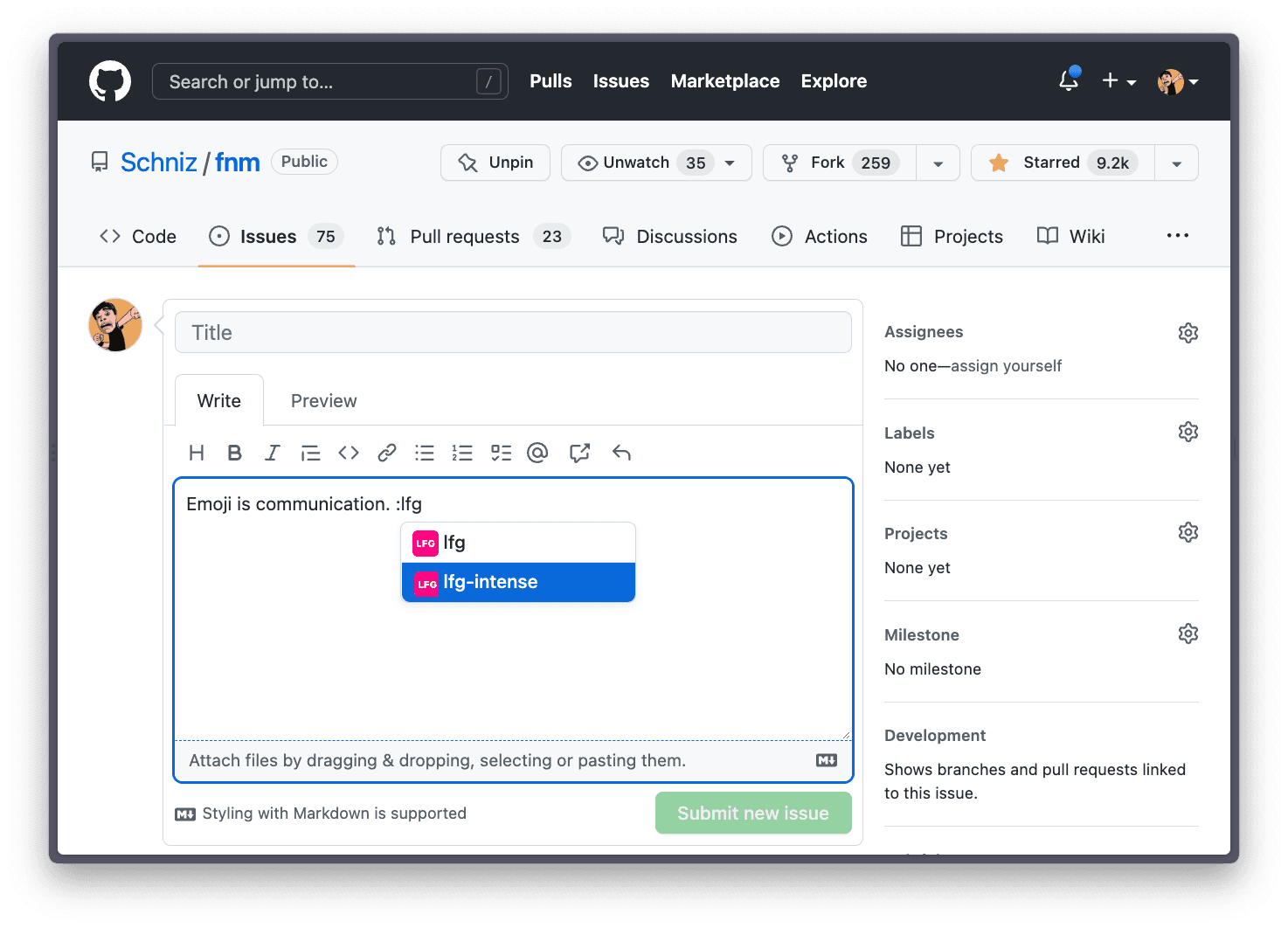 GitHub example of a comment with a custom emoji